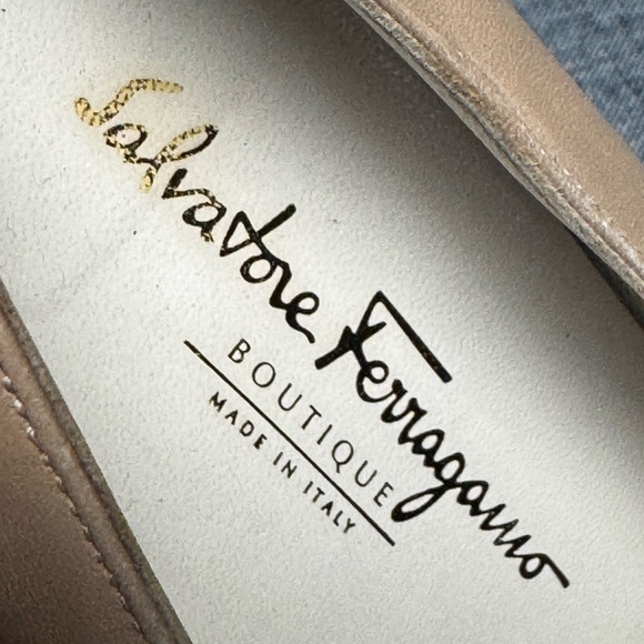 Salvatore Ferragamo VTG Square Toe Block Heel Pumps Tan Patent Leather Size 9B - Picture 8 of 17